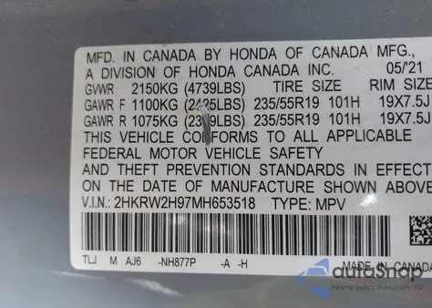 2021 Honda Cr-V Awd Touring из США, поврежденный, VIN 2HKRW2H97MH653518